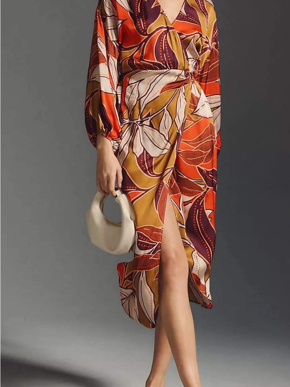 ANTHROPOLOGIE Rust Yellow Botanical Print Faux Wrap Midi
Dress M Garden Motif